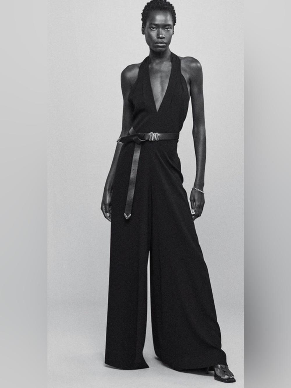 Frame Denim Black Halter V-Neck Wide-Leg Jumpsuit with Belt Detail